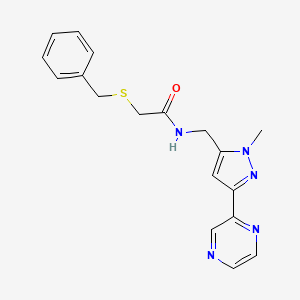 molecular formula C18H19N5OS B2990503 2-(benzylthio)-N-((1-methyl-3-(pyrazin-2-yl)-1H-pyrazol-5-yl)methyl)acetamide CAS No. 2034550-66-6