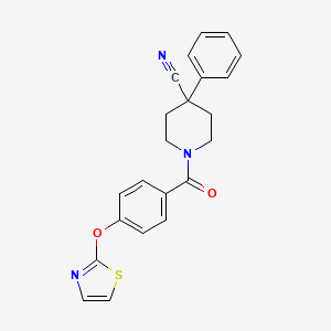 molecular formula C22H19N3O2S B2990558 4-Phenyl-1-(4-(thiazol-2-yloxy)benzoyl)piperidine-4-carbonitrile CAS No. 2034608-47-2