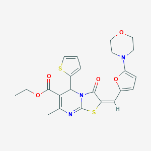 molecular formula C23H23N3O5S2 B299068 ETHYL (2E)-7-METHYL-2-{[5-(MORPHOLIN-4-YL)FURAN-2-YL]METHYLIDENE}-3-OXO-5-(THIOPHEN-2-YL)-2H,3H,5H-[1,3]THIAZOLO[3,2-A]PYRIMIDINE-6-CARBOXYLATE 