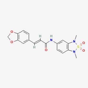 molecular formula C18H17N3O5S B2990708 (E)-3-(苯并[d][1,3]二氧杂环-5-基)-N-(1,3-二甲基-2,2-二氧化-1,3-二氢苯并[c][1,2,5]噻二唑-5-基)丙烯酰胺 CAS No. 2035003-57-5