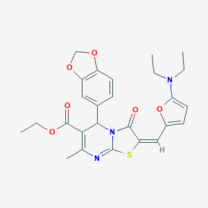 molecular formula C26H27N3O6S B299075 ethyl 5-(1,3-benzodioxol-5-yl)-2-{[5-(diethylamino)-2-furyl]methylene}-7-methyl-3-oxo-2,3-dihydro-5H-[1,3]thiazolo[3,2-a]pyrimidine-6-carboxylate 