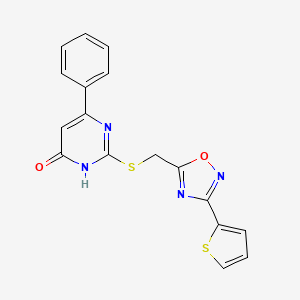 molecular formula C17H12N4O2S2 B2990765 6-phenyl-2-({[3-(thiophen-2-yl)-1,2,4-oxadiazol-5-yl]methyl}sulfanyl)-3,4-dihydropyrimidin-4-one CAS No. 831230-56-9