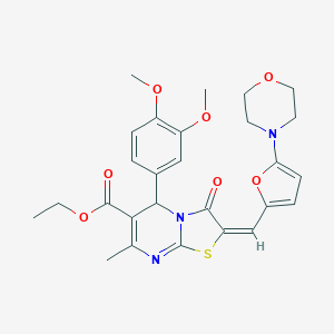 molecular formula C27H29N3O7S B299077 ETHYL (2E)-5-(3,4-DIMETHOXYPHENYL)-7-METHYL-2-{[5-(MORPHOLIN-4-YL)FURAN-2-YL]METHYLIDENE}-3-OXO-2H,3H,5H-[1,3]THIAZOLO[3,2-A]PYRIMIDINE-6-CARBOXYLATE 