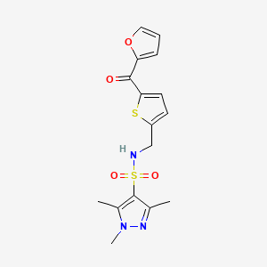 molecular formula C16H17N3O4S2 B2990784 N-((5-(furan-2-carbonyl)thiophen-2-yl)methyl)-1,3,5-trimethyl-1H-pyrazole-4-sulfonamide CAS No. 1797601-11-6