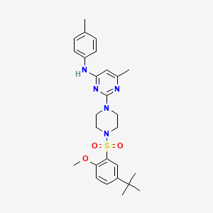 molecular formula C27H35N5O3S B2990786 2-(4-((5-(tert-butyl)-2-methoxyphenyl)sulfonyl)piperazin-1-yl)-6-methyl-N-(p-tolyl)pyrimidin-4-amine CAS No. 923193-56-0