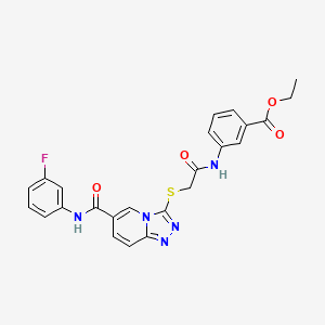 molecular formula C24H20FN5O4S B2990955 Ethyl 3-(2-((6-((3-fluorophenyl)carbamoyl)-[1,2,4]triazolo[4,3-a]pyridin-3-yl)thio)acetamido)benzoate CAS No. 1112430-00-8