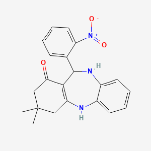 molecular formula C21H21N3O3 B2991018 14,14-dimethyl-10-(2-nitrophenyl)-2,9-diazatricyclo[9.4.0.0^{3,8}]pentadeca-1(11),3,5,7-tetraen-12-one CAS No. 82408-12-6