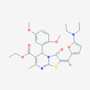 molecular formula C27H31N3O6S B299105 ETHYL (2E)-2-{[5-(DIETHYLAMINO)FURAN-2-YL]METHYLIDENE}-5-(2,5-DIMETHOXYPHENYL)-7-METHYL-3-OXO-2H,3H,5H-[1,3]THIAZOLO[3,2-A]PYRIMIDINE-6-CARBOXYLATE 