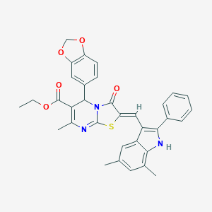molecular formula C34H29N3O5S B299109 ETHYL (2Z)-5-(2H-1,3-BENZODIOXOL-5-YL)-2-[(5,7-DIMETHYL-2-PHENYL-1H-INDOL-3-YL)METHYLIDENE]-7-METHYL-3-OXO-2H,3H,5H-[1,3]THIAZOLO[3,2-A]PYRIMIDINE-6-CARBOXYLATE 