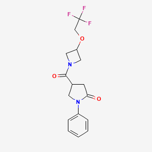 molecular formula C16H17F3N2O3 B2991237 1-Phenyl-4-[3-(2,2,2-trifluoroethoxy)azetidine-1-carbonyl]pyrrolidin-2-one CAS No. 2034339-16-5