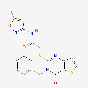 molecular formula C19H16N4O3S2 B2991256 2-(3-benzyl-4-oxothieno[3,2-d]pyrimidin-2-yl)sulfanyl-N-(5-methyl-1,2-oxazol-3-yl)acetamide CAS No. 451468-46-5