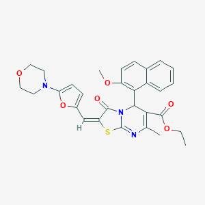 molecular formula C30H29N3O6S B299133 ETHYL (2E)-5-(2-METHOXYNAPHTHALEN-1-YL)-7-METHYL-2-{[5-(MORPHOLIN-4-YL)FURAN-2-YL]METHYLIDENE}-3-OXO-2H,3H,5H-[1,3]THIAZOLO[3,2-A]PYRIMIDINE-6-CARBOXYLATE 