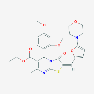 molecular formula C27H29N3O7S B299136 ETHYL (2E)-5-(2,4-DIMETHOXYPHENYL)-7-METHYL-2-{[5-(MORPHOLIN-4-YL)FURAN-2-YL]METHYLIDENE}-3-OXO-2H,3H,5H-[1,3]THIAZOLO[3,2-A]PYRIMIDINE-6-CARBOXYLATE 