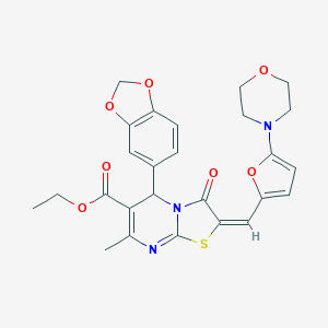 molecular formula C26H25N3O7S B299172 ETHYL (2E)-5-(2H-1,3-BENZODIOXOL-5-YL)-7-METHYL-2-{[5-(MORPHOLIN-4-YL)FURAN-2-YL]METHYLIDENE}-3-OXO-2H,3H,5H-[1,3]THIAZOLO[3,2-A]PYRIMIDINE-6-CARBOXYLATE 
