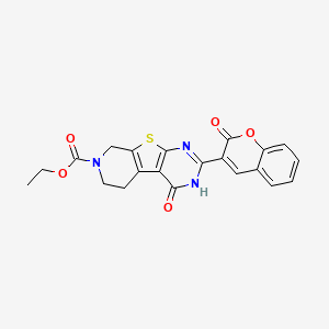 molecular formula C21H17N3O5S B2991800 ethyl 3-oxo-5-(2-oxochromen-3-yl)-8-thia-4,6,11-triazatricyclo[7.4.0.02,7]trideca-1(9),2(7),5-triene-11-carboxylate CAS No. 1228073-47-9
