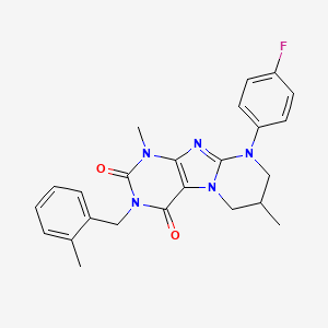 molecular formula C24H24FN5O2 B2991960 9-(4-fluorophenyl)-1,7-dimethyl-3-[(2-methylphenyl)methyl]-1H,2H,3H,4H,6H,7H,8H,9H-pyrimido[1,2-g]purine-2,4-dione CAS No. 893963-08-1