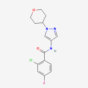 molecular formula C15H15ClFN3O2 B2992123 2-chloro-4-fluoro-N-[1-(oxan-4-yl)-1H-pyrazol-4-yl]benzamide CAS No. 1797021-47-6