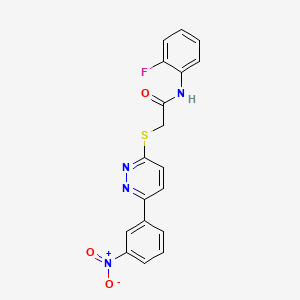 molecular formula C18H13FN4O3S B2992488 N-(2-fluorophenyl)-2-[6-(3-nitrophenyl)pyridazin-3-yl]sulfanylacetamide CAS No. 893997-76-7
