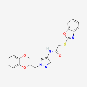 B2992501 2-(benzo[d]oxazol-2-ylthio)-N-(1-((2,3-dihydrobenzo[b][1,4]dioxin-2-yl)methyl)-1H-pyrazol-4-yl)acetamide CAS No. 1705189-00-9
