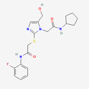 N-cyclopentyl-2-(2-((2-((2-fluorophenyl)amino)-2-oxoethyl)thio)-5-(hydroxymethyl)-1H-imidazol-1-yl)acetamide