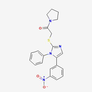 molecular formula C21H20N4O3S B2992930 2-((5-(3-nitrophenyl)-1-phenyl-1H-imidazol-2-yl)thio)-1-(pyrrolidin-1-yl)ethanone CAS No. 1234875-47-8