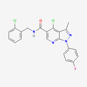 molecular formula C21H15Cl2FN4O B2992952 4-chloro-N-[(2-chlorophenyl)methyl]-1-(4-fluorophenyl)-3-methylpyrazolo[3,4-b]pyridine-5-carboxamide CAS No. 1021025-13-7