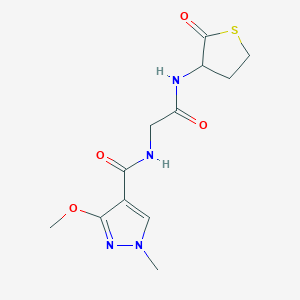 molecular formula C12H16N4O4S B2993009 3-methoxy-1-methyl-N-(2-oxo-2-((2-oxotetrahydrothiophen-3-yl)amino)ethyl)-1H-pyrazole-4-carboxamide CAS No. 1351613-22-3