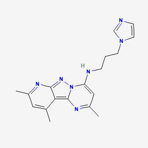 molecular formula C18H21N7 B2993121 (3-Imidazolylpropyl)(2,8,10-trimethyl(5-hydropyrimidino[1',2'-1,5]pyrazolo[3,4-b]pyridin-4-yl))amine CAS No. 896593-21-8