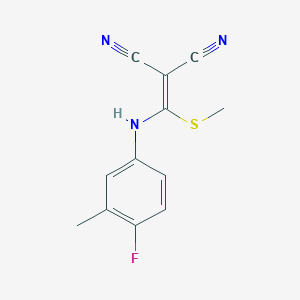 molecular formula C12H10FN3S B2993220 2-[(4-Fluoro-3-methylanilino)(methylsulfanyl)methylene]malononitrile CAS No. 866010-36-8