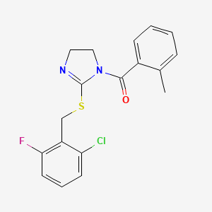 molecular formula C18H16ClFN2OS B2993643 (2-((2-chloro-6-fluorobenzyl)thio)-4,5-dihydro-1H-imidazol-1-yl)(o-tolyl)methanone CAS No. 851802-71-6