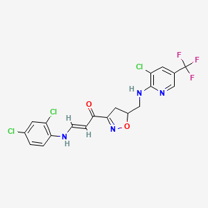 molecular formula C19H14Cl3F3N4O2 B2993722 (2E)-1-[5-({[3-chloro-5-(trifluoromethyl)pyridin-2-yl]amino}methyl)-4,5-dihydro-1,2-oxazol-3-yl]-3-[(2,4-dichlorophenyl)amino]prop-2-en-1-one CAS No. 344277-02-7
