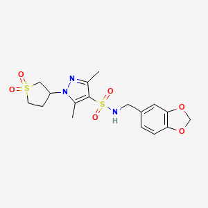 B2993761 N-(benzo[d][1,3]dioxol-5-ylmethyl)-1-(1,1-dioxidotetrahydrothiophen-3-yl)-3,5-dimethyl-1H-pyrazole-4-sulfonamide CAS No. 1019095-16-9