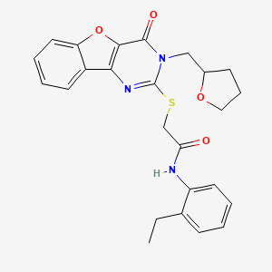 molecular formula C25H25N3O4S B2993953 N-(2-ethylphenyl)-2-{[4-oxo-3-(tetrahydrofuran-2-ylmethyl)-3,4-dihydro[1]benzofuro[3,2-d]pyrimidin-2-yl]sulfanyl}acetamide CAS No. 899942-00-8