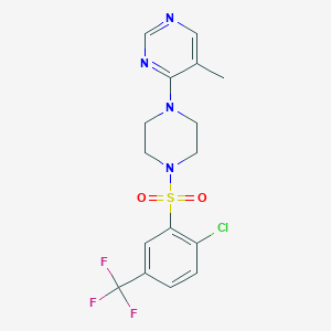 molecular formula C16H16ClF3N4O2S B2994041 4-(4-((2-Chloro-5-(trifluoromethyl)phenyl)sulfonyl)piperazin-1-yl)-5-methylpyrimidine CAS No. 1428363-46-5