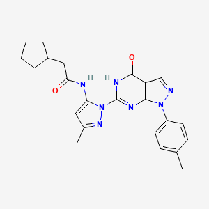 molecular formula C23H25N7O2 B2994083 2-cyclopentyl-N-(3-methyl-1-(4-oxo-1-(p-tolyl)-4,5-dihydro-1H-pyrazolo[3,4-d]pyrimidin-6-yl)-1H-pyrazol-5-yl)acetamide CAS No. 1173043-81-6