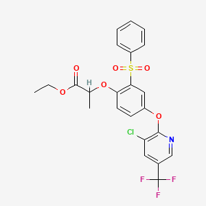 molecular formula C23H19ClF3NO6S B2994250 Ethyl 2-[4-{[3-chloro-5-(trifluoromethyl)-2-pyridinyl]oxy}-2-(phenylsulfonyl)phenoxy]propanoate CAS No. 338407-15-1