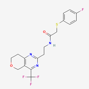 molecular formula C18H17F4N3O2S B2994289 2-((4-fluorophenyl)thio)-N-(2-(4-(trifluoromethyl)-7,8-dihydro-5H-pyrano[4,3-d]pyrimidin-2-yl)ethyl)acetamide CAS No. 2034256-49-8