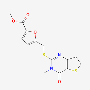 molecular formula C14H14N2O4S2 B2994296 Methyl 5-(((3-methyl-4-oxo-3,4,6,7-tetrahydrothieno[3,2-d]pyrimidin-2-yl)thio)methyl)furan-2-carboxylate CAS No. 869076-21-1