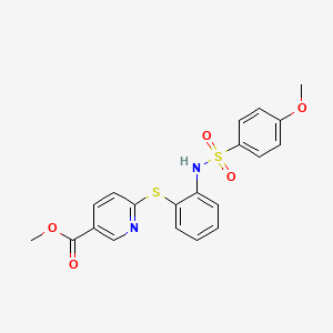 molecular formula C20H18N2O5S2 B2994379 Methyl 6-[(2-{[(4-methoxyphenyl)sulfonyl]amino}phenyl)sulfanyl]nicotinate CAS No. 478033-22-6