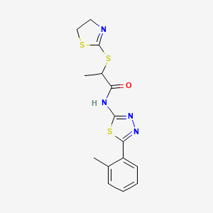 molecular formula C15H16N4OS3 B2994419 2-(4,5-dihydro-1,3-thiazol-2-ylsulfanyl)-N-[5-(2-methylphenyl)-1,3,4-thiadiazol-2-yl]propanamide CAS No. 394234-80-1