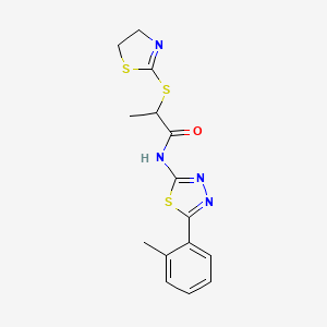 molecular formula C15H16N4OS3 B2994419 2-((4,5-dihydrothiazol-2-yl)thio)-N-(5-(o-tolyl)-1,3,4-thiadiazol-2-yl)propanamide CAS No. 394234-80-1