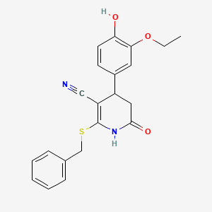 molecular formula C21H20N2O3S B2994531 2-(Benzylsulfanyl)-4-(3-ethoxy-4-hydroxyphenyl)-6-oxo-1,4,5,6-tetrahydropyridine-3-carbonitrile CAS No. 332051-80-6