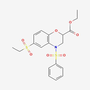 molecular formula C19H21NO7S2 B2994587 ethyl 6-(ethylsulfonyl)-4-(phenylsulfonyl)-3,4-dihydro-2H-1,4-benzoxazine-2-carboxylate CAS No. 866051-01-6