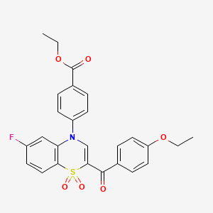 molecular formula C26H22FNO6S B2994675 ethyl 4-[2-(4-ethoxybenzoyl)-6-fluoro-1,1-dioxido-4H-1,4-benzothiazin-4-yl]benzoate CAS No. 1114853-20-1