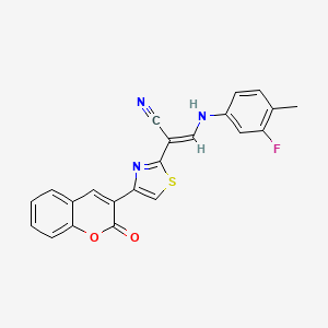 molecular formula C22H14FN3O2S B2994789 (2E)-3-[(3-fluoro-4-methylphenyl)amino]-2-[4-(2-oxo-2H-chromen-3-yl)-1,3-thiazol-2-yl]prop-2-enenitrile CAS No. 477297-69-1