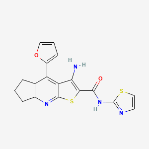molecular formula C18H14N4O2S2 B2994912 3-amino-4-(furan-2-yl)-N-(thiazol-2-yl)-6,7-dihydro-5H-cyclopenta[b]thieno[3,2-e]pyridine-2-carboxamide CAS No. 434291-55-1