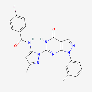 molecular formula C23H18FN7O2 B2995344 4-fluoro-N-(3-methyl-1-(4-oxo-1-(m-tolyl)-4,5-dihydro-1H-pyrazolo[3,4-d]pyrimidin-6-yl)-1H-pyrazol-5-yl)benzamide CAS No. 1170528-15-0