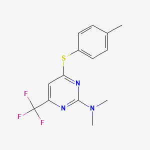 molecular formula C14H14F3N3S B2995355 N,N-dimethyl-4-[(4-methylphenyl)sulfanyl]-6-(trifluoromethyl)-2-pyrimidinamine CAS No. 338792-53-3