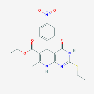 molecular formula C20H22N4O5S B2995976 Isopropyl 2-(ethylthio)-7-methyl-5-(4-nitrophenyl)-4-oxo-3,4,5,8-tetrahydropyrido[2,3-d]pyrimidine-6-carboxylate CAS No. 537045-98-0