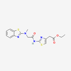 molecular formula C17H18N4O3S2 B2996223 Ethyl 2-(2-(2-(benzo[d]thiazol-2-yl(methyl)amino)acetamido)thiazol-4-yl)acetate CAS No. 1351643-88-3